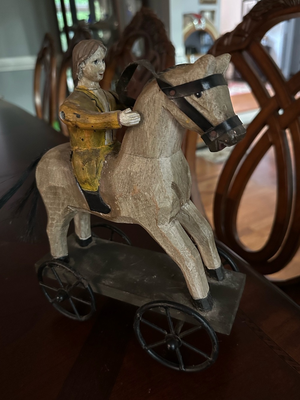 Vintage Hand Carved Folk Art Horse and Rider on Wheeled Platform Primitive GUC